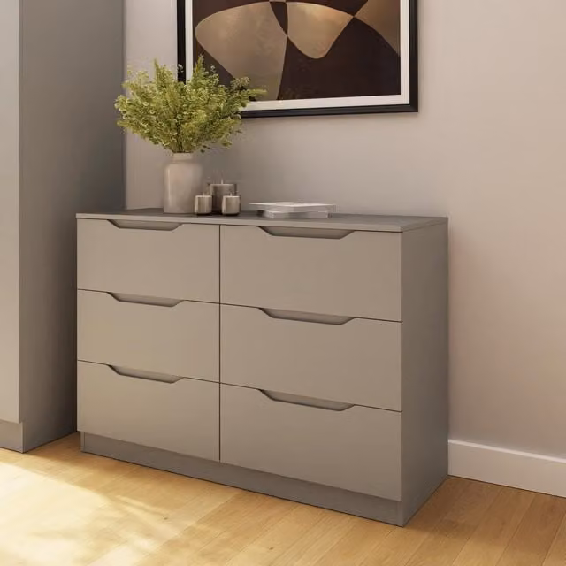FWStyle Modern 6 Drawer Chest of Drawers with Central Runners and Recessed Handles in Matt Putty