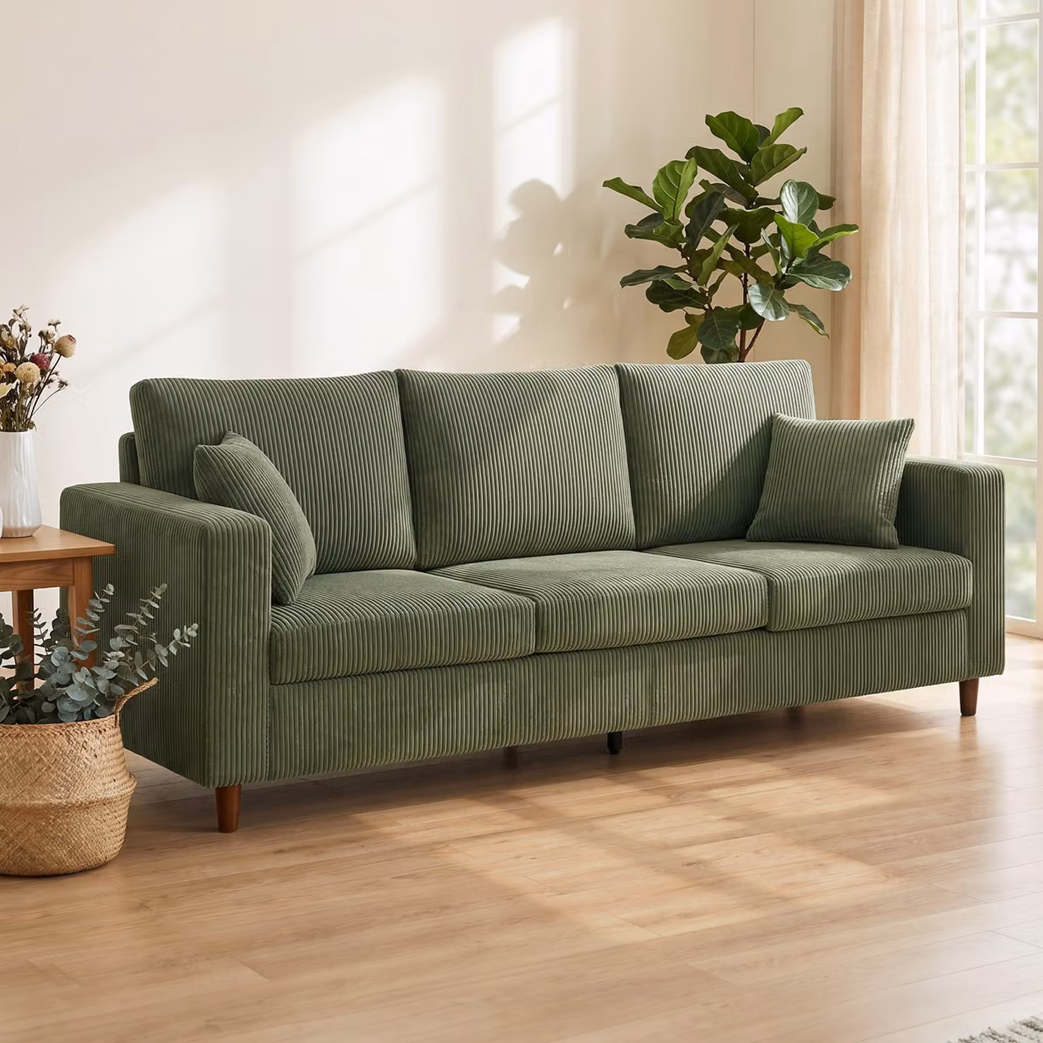 HOMCOM 3 Seater Corduroy Fabric Sofa in Green with Deep Seats and Scatter Cushions – 2