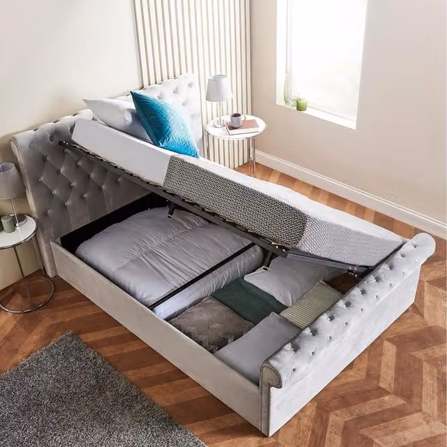 Home Treats Grey Velvet Chesterfield Ottoman Bed with Hybrid Mattress, Small Double, W: 108.5 cm