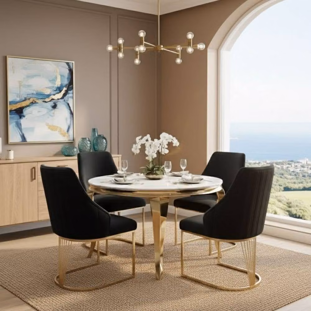 Home Luxe Interior Sofia Round Cream and Gold Marble Dining Table with 4 Lasco Black and Gold Chairs – 3