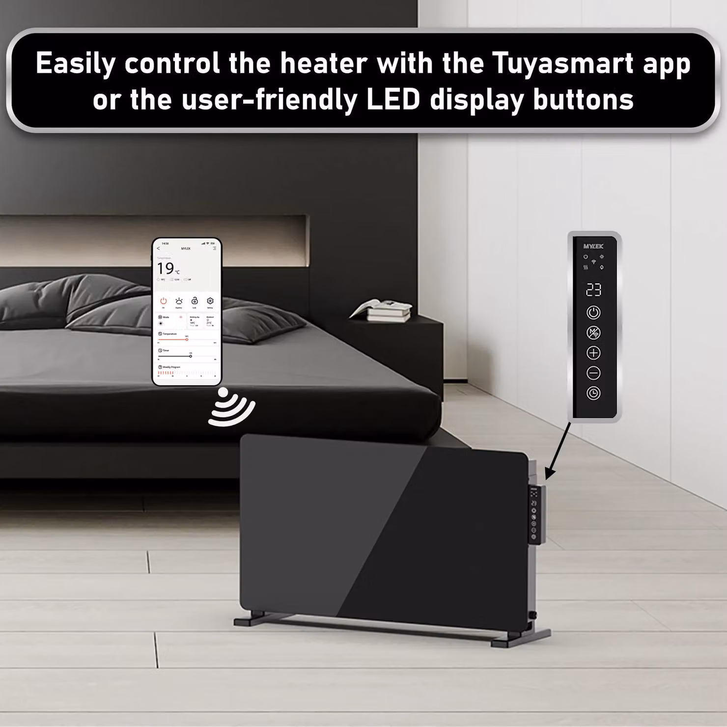 MYLEK 2kW Electric Glass Panel Radiator Heater with WiFi App Control, Black – 3