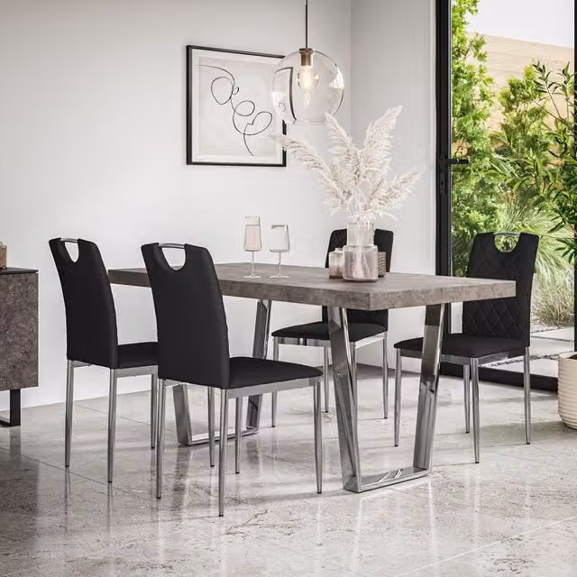 More4Homes Aria Dining Set with Concrete Effect Rectangular Table and 6 Black Monza Faux Leather Chairs, W/D/H: 160 x 80 x 76 cm