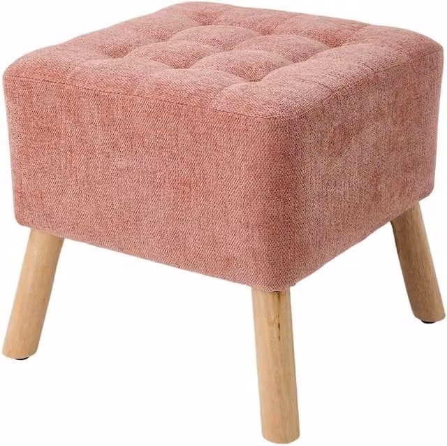 Havendro Pink Chenille Square Ottoman Footstool with Rubberwood Legs