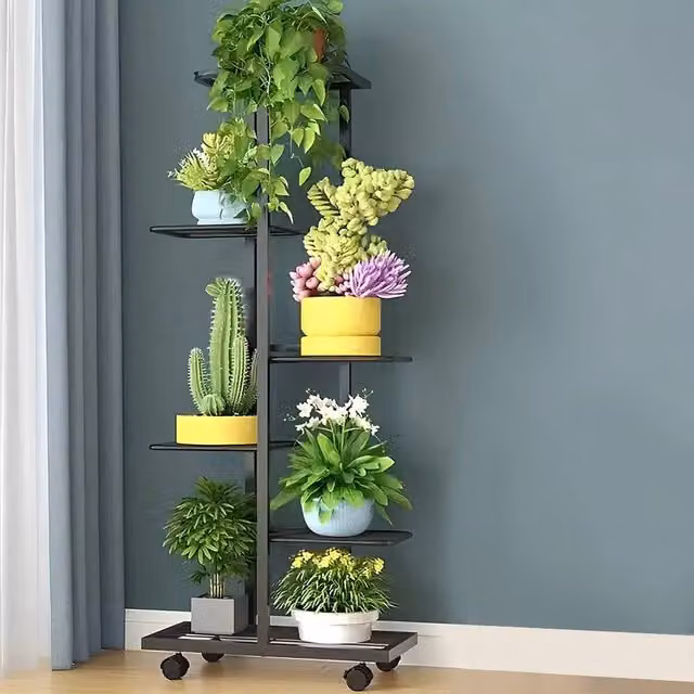 NESTLUNE 6 Tier Metal Plant Shelf Rack Display Stand in Black, W: 100 cm, D: 15 cm – 1
