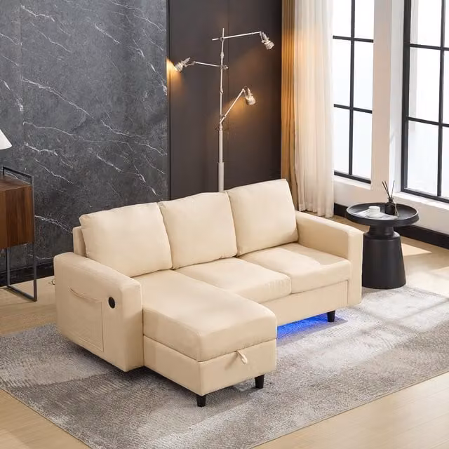 Aosom UK L-Shaped 3 Seater Convertible Sleeper Sofa with Reversible Chaise, USB Charging and LED Lighting, Beige, W/D/H: 180 x 120 x 72 cm – 1