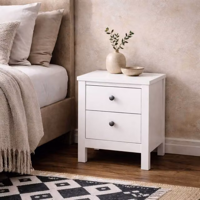 Wyld Haus Gossmere White Wooden Bedside Table with 2 Drawers and Silver Handles, H: 54.1 cm, W: 38.4 cm, D: 43.6 cm