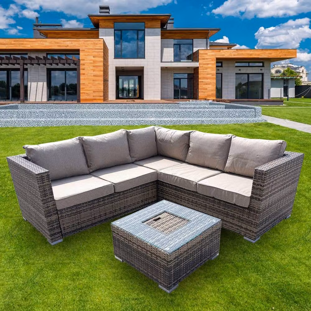 FURNITURE ONE 5 Seater Brown Rattan L-Shape Corner Patio Sofa Set with Outdoor Coffee Table and Upholstered Cushions – 3