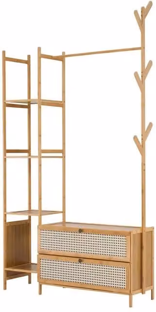 SPETLEK Scandinavian Open Wardrobe with Hanging Rod in Natural Wood and Rattan, H: 161.0 cm, W: 80.0 cm