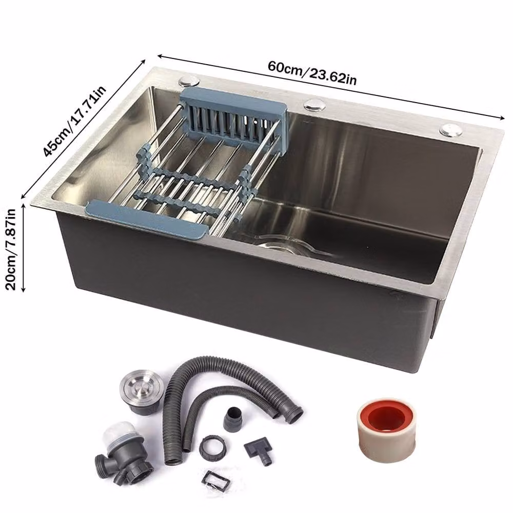 Ventryn 1.0 Large Super Deep Single Bowl Square Kitchen Sink in Metallic Silver Stainless Steel W/D/H: 60.0 x 52.0 x 20.0 cm – 2