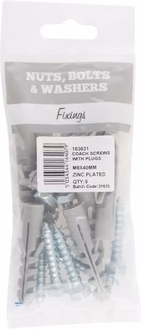 Hiatt Galvanised Silver Coach Screws with Wall Plugs for Wood