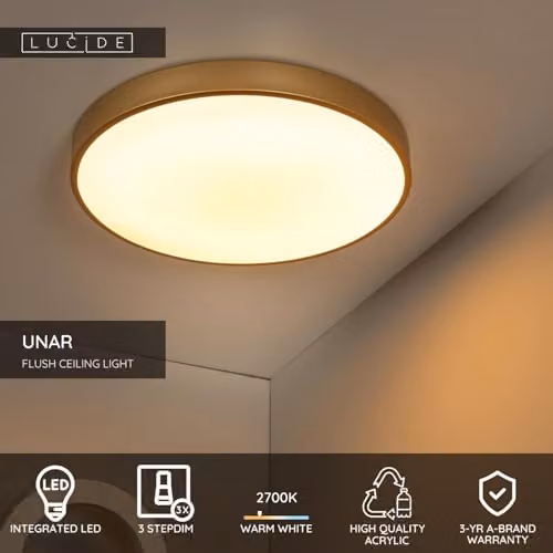 Lucide UNAR Dimmable LED Flush Ceiling Light, Gold/Brass, Diameter: 49.5 cm – 2
