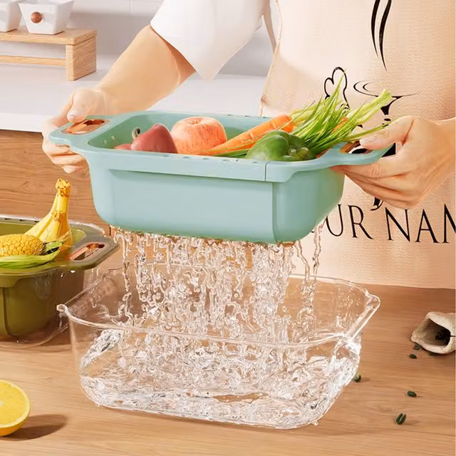 Livingandhome Green Rectangular Double Layer Expandable Plastic Colander Strainer Basket