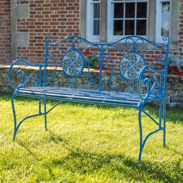 Ascalon Design Ltd Blue Geometric Mosaic Bench, W: 116 cm, D: 46 cm, H: 91 cm