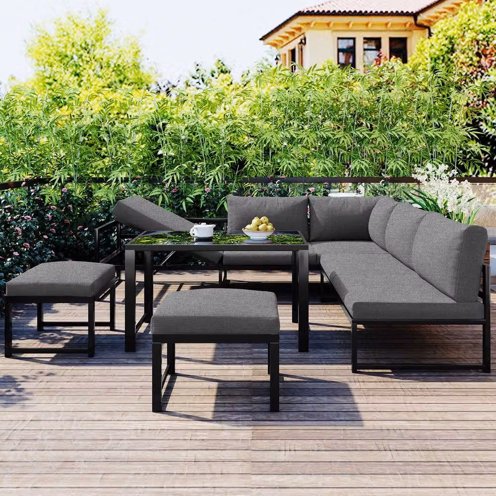 HomeTouch 5-Piece Outdoor Sofa Set with Adjustable Backrest, Stools and Coffee Table in Grey – 2