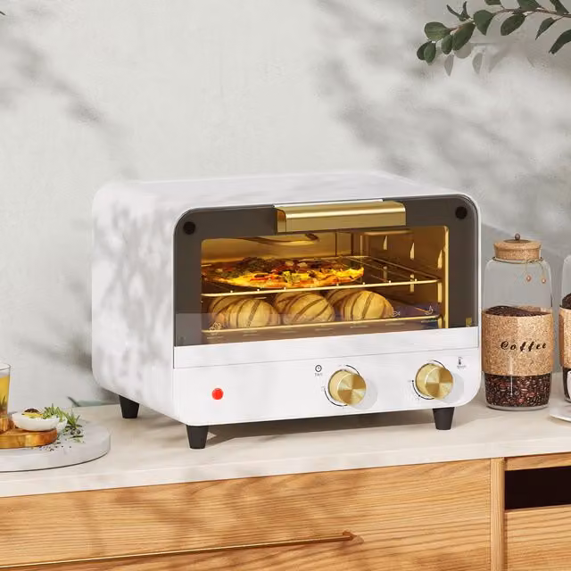 HOMCOM 12L Mini Countertop Toaster Oven with Grill and Glass Door, White