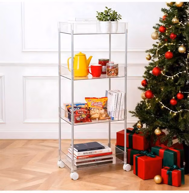 Living and Home 4-Tier Transparent Rolling Storage Cart Metal-Frame Utility Trolley Organiser Rack in Silver XL