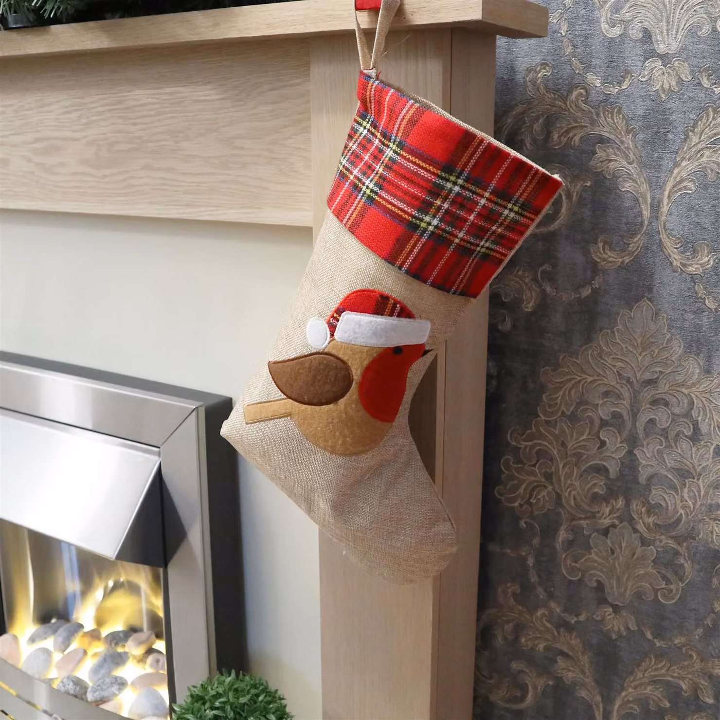 Shatchi Large Brown Robin Christmas Stocking with Classic Printed Design, 45 cm Hanging Burlap Linen Sack – 10