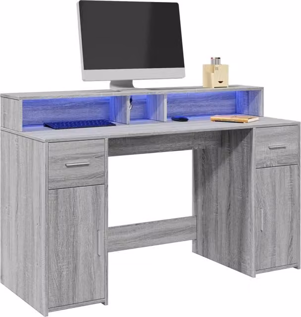 Berkfield Home Grey Sonoma Gaming Desk with LED Lights, W/D/H: 140 x 55 x 91 cm