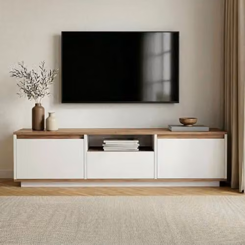 Calicosy LUME TV Stand in White with 3 Drop-down Doors and 1 Niche, W: 160 cm, D: 42 cm, H: 30 cm – 2