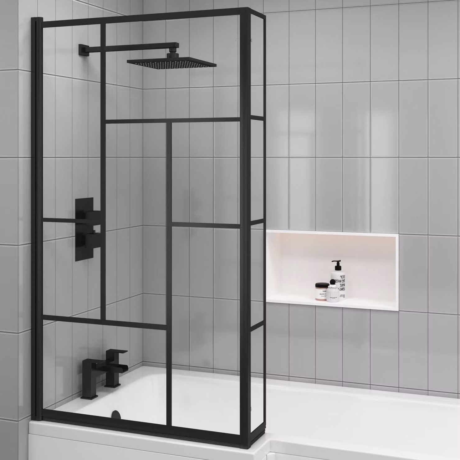 Royal Bathrooms Abstract Grid Square Matt Black Framed Bath Screen with Fixed Return Panel, Clear 6mm Glass, H x W: 143.0 x 79.5 cm