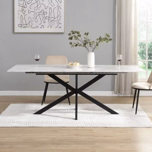 Mona Vale Furniture Modern White Marble-Look Extendable Rectangular Dining Table with Black Metal X-Frame Base – 1