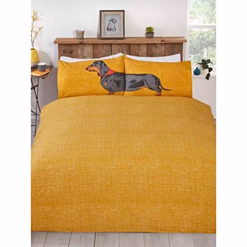Rapport Home Hello Sausage Polycotton Reversible Duvet Cover and Pillowcase Set in Orange and Grey, W: 135 cm, H: 200 cm, Pillowcase: 50 x 75 cm – 1