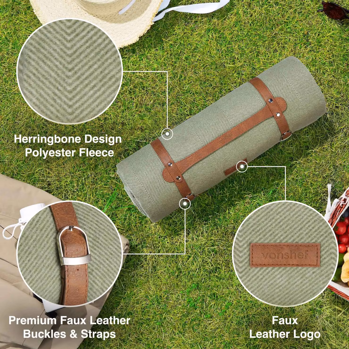 VonShef Green Herringbone Waterproof Picnic Blanket, W: 200 cm, D: 220 cm – 3