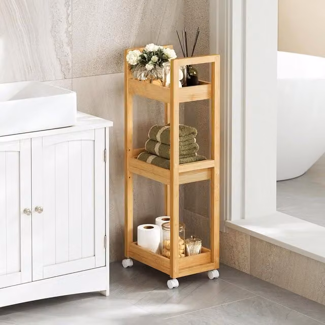 SONGMICS Slim Bathroom Trolley with 3 Adjustable Shelves and Wheels in Natural Sand