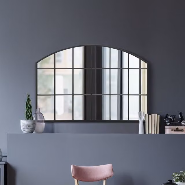 MirrorOutlet Arcus Overmantle Window Framed Arched Wall Mirror in Black, Width: 75 cm