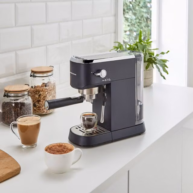 Morphy Richards Signature Traditional Compact Pump Espresso Machine with Steam Wand and Removable Tank, Blue