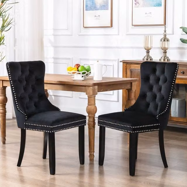 Modern Home Touch Romsey Set of 2 Black Velvet Upholstered Dining Chairs with Oak Legs and Knocker Ring Back – 1