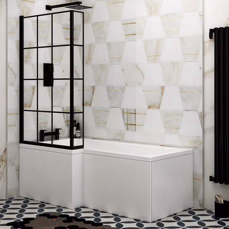 Qubix Asymmetric L Shaped Acrylic Shower Bath with Black Framed Screen and Front Bath Panel, White and Black, W: 170 cm, D: 85 cm