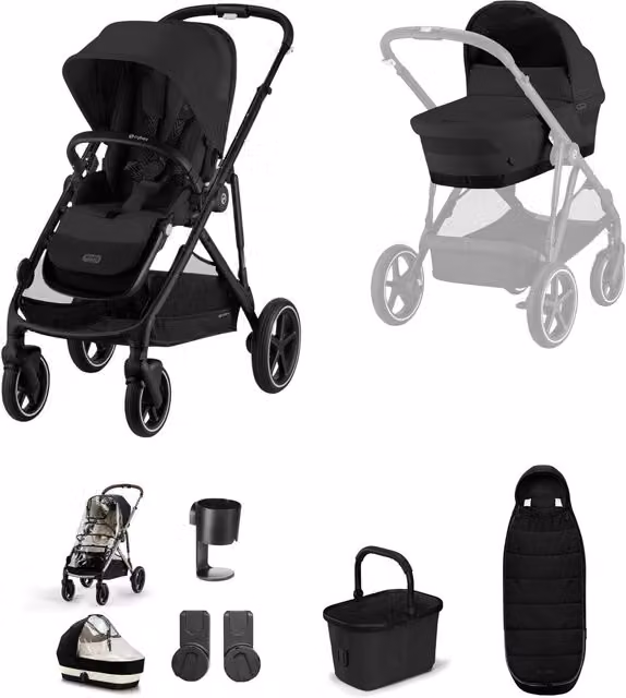 Cybex Gazelle S Pushchair Bundle in Black, 5 Pieces including Carrycot and Cup Holder