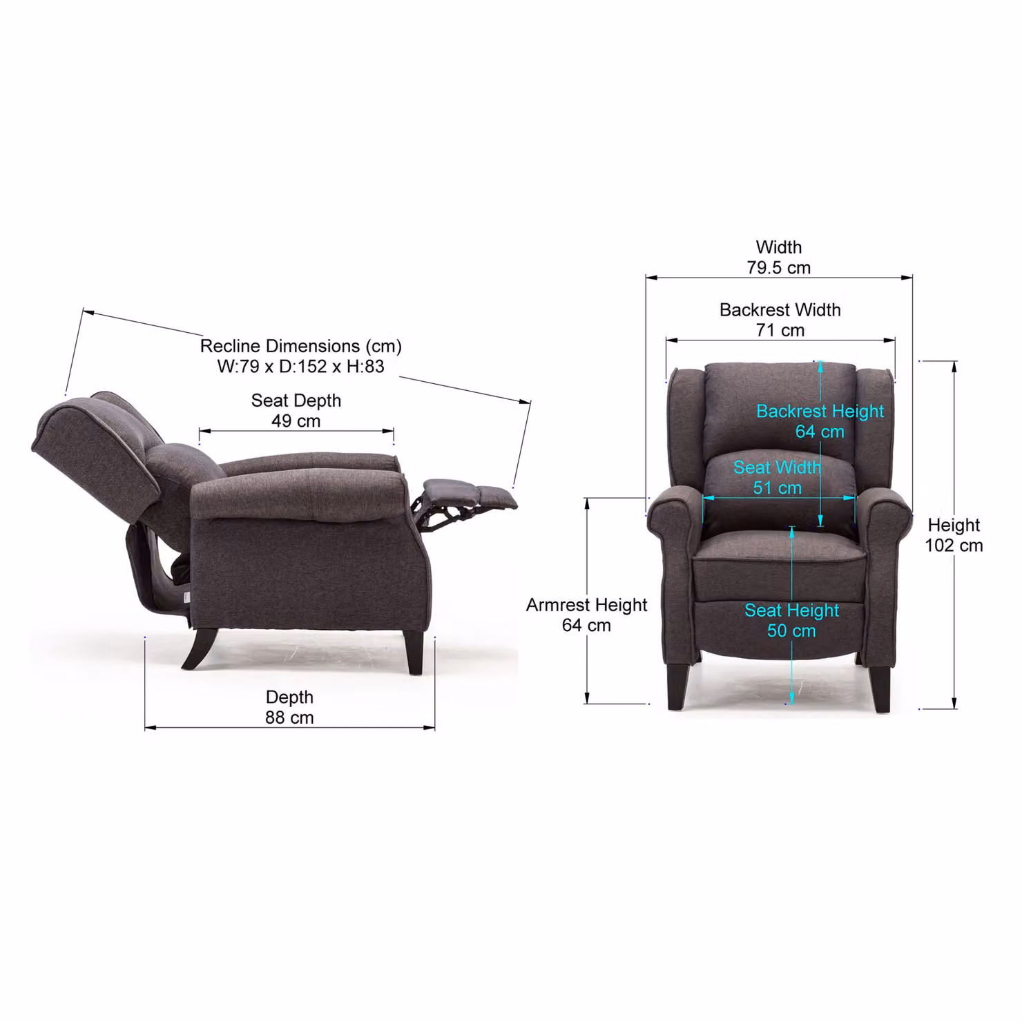 More4Homes Eaton Wing Back Pushback Recliner Armchair in Blue and Grey Geometric Fabric – 5