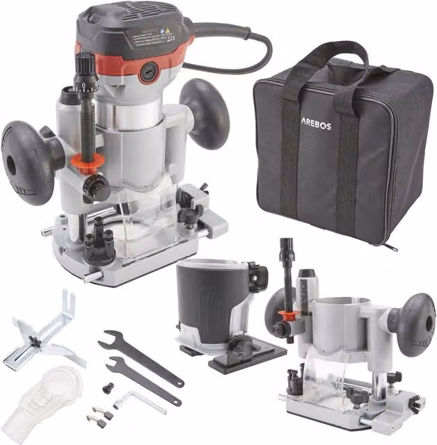 AREBOS Benchtop Wood Router Milling Machine with Plunge Base, Trimmer and Tool Bag, Silver