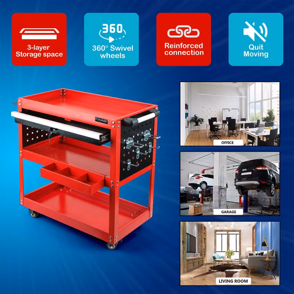 Crystals 3 Tier Workshop Tool Trolley Cabinet with Drawer and Wheels, Red, W: 52 cm, D: 52 cm, H: 75 cm – 5