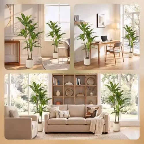 HOMCOM Set of 2 Artificial Dracaena Trees with Bendable Trunks, Green and White, Height: 150 cm – 5