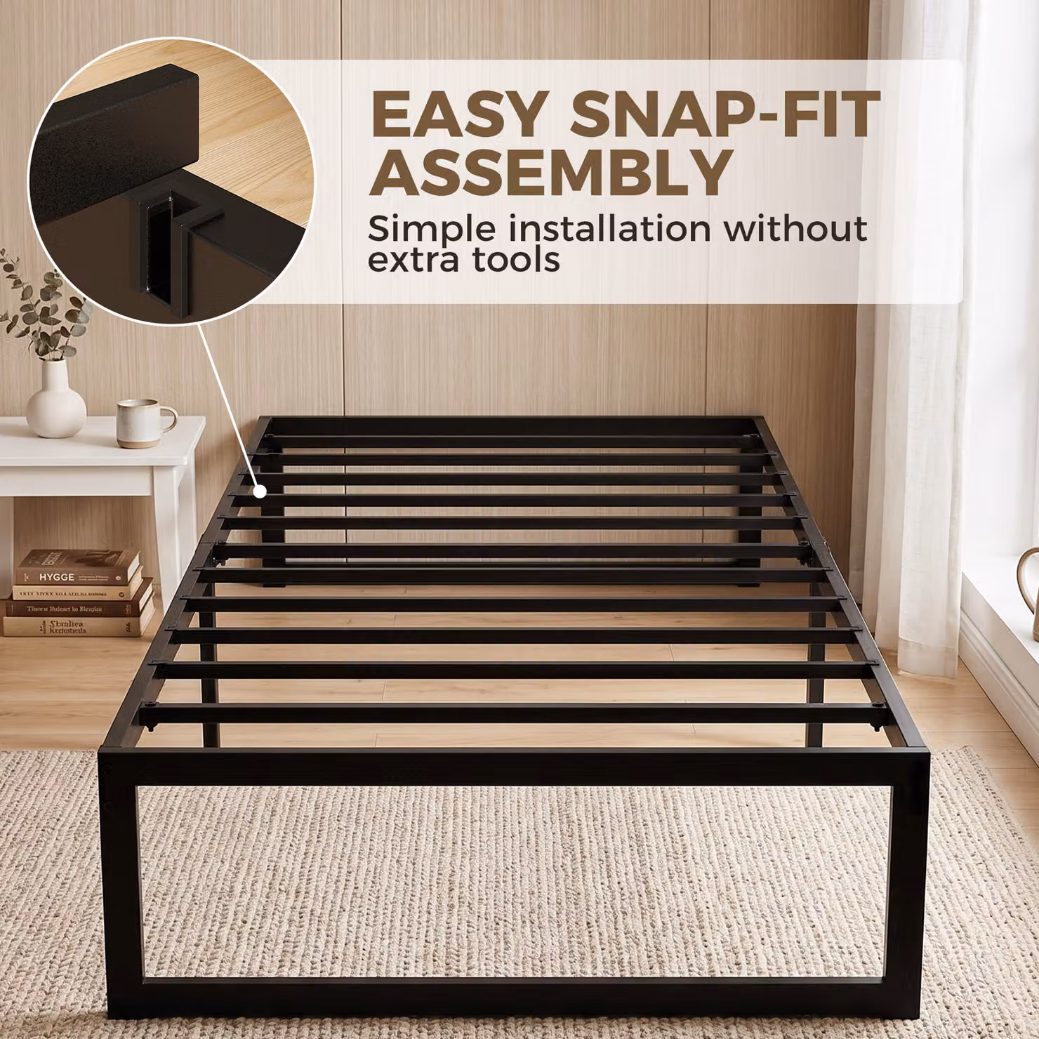 HOMCOM Single Bed Frame with Underbed Storage and Steel Slat Support, Black, W/D/H: 90 x 190 x 32.5 cm – 4