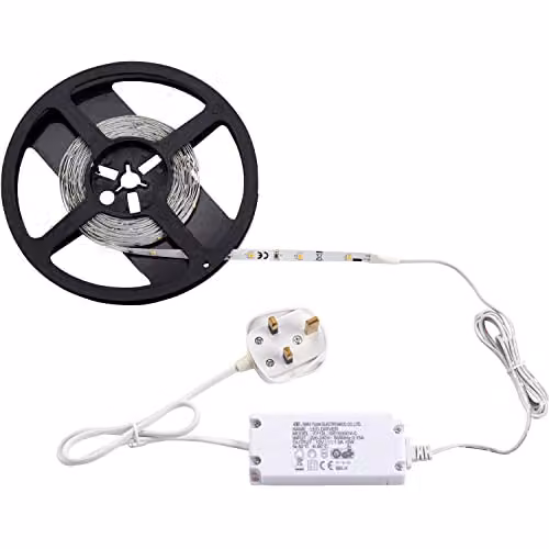 Loops 5m Warm White LED Strip Kit with 12W Power Supply and Self Adhesive Backing for Under Cabinet and Accent Lighting