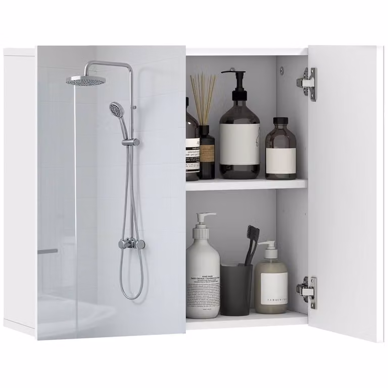 HOMCOM White Modern Wall Mounted Bathroom Mirror Cabinet with 2 Hinged Doors and Internal Adjustable Shelf