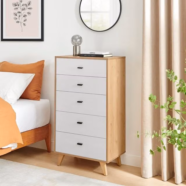FurnitureboxUK Bisset Off-White Wood Effect Chest of 5 Drawers
