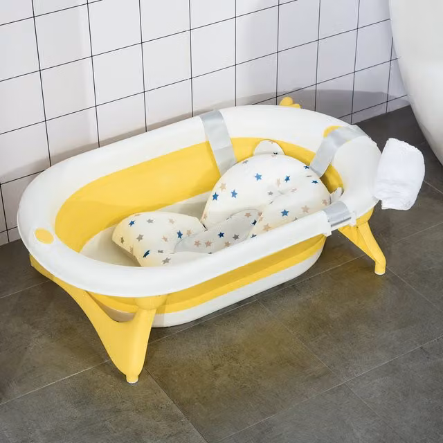 HOMCOM Foldable Baby Bath Tub with Temperature Indicator and Non-Slip Insert in Yellow