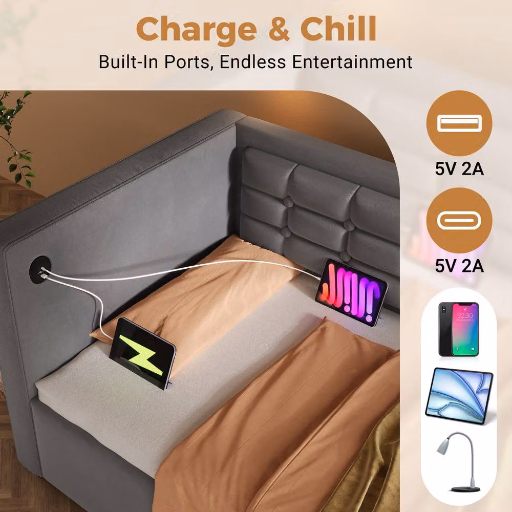BTM Grey Velvet Upholstered Daybed with USB Charging Port and Hydraulic Lift-Up Storage, W/D/H: 190 x 90 x 75 cm – 3