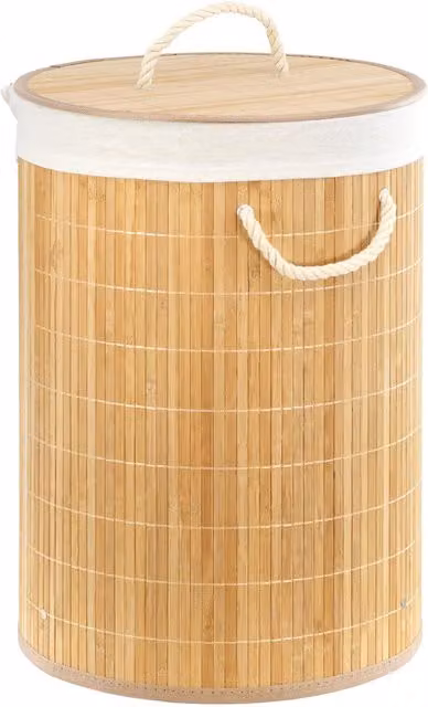 Geezy Foldable Round Laundry Basket with Lid and Removable Fabric Liner in Natural Beige and Brown