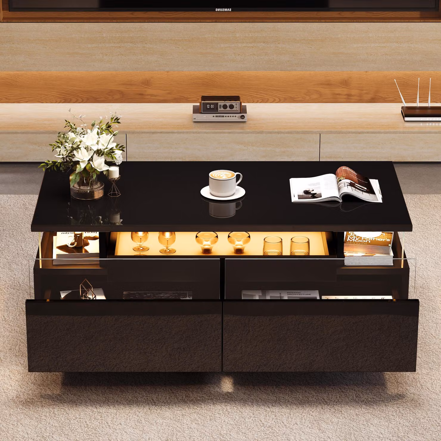 Aosom UK High-Gloss 3-Tier Coffee Table with Removable Tray and App-Controlled LED Lights, Black, W: 90 cm, D: 45 cm, H: 35.5 cm – 7