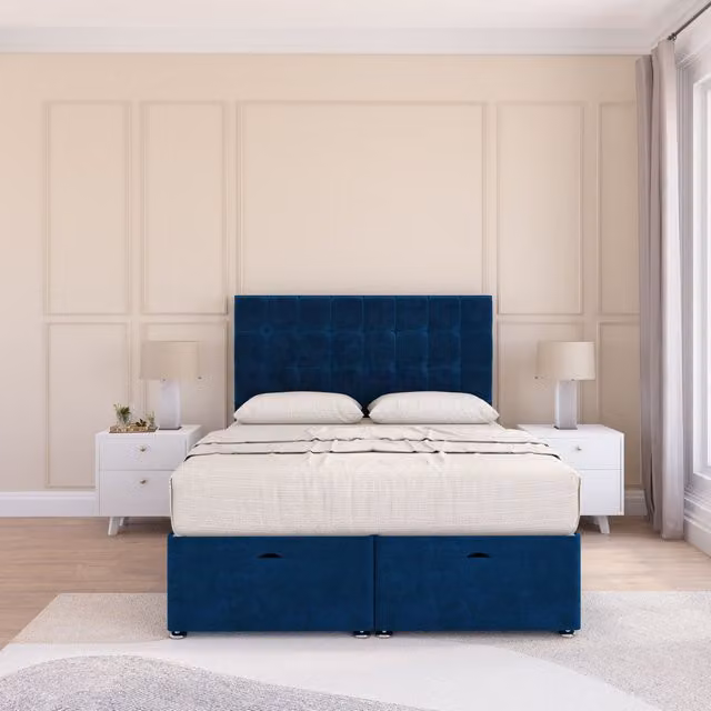 Sloomy Alabama Single Ottoman Bed with Sprung Memory Mattress and 54 Inch Floorstanding Headboard in Navy Blue
