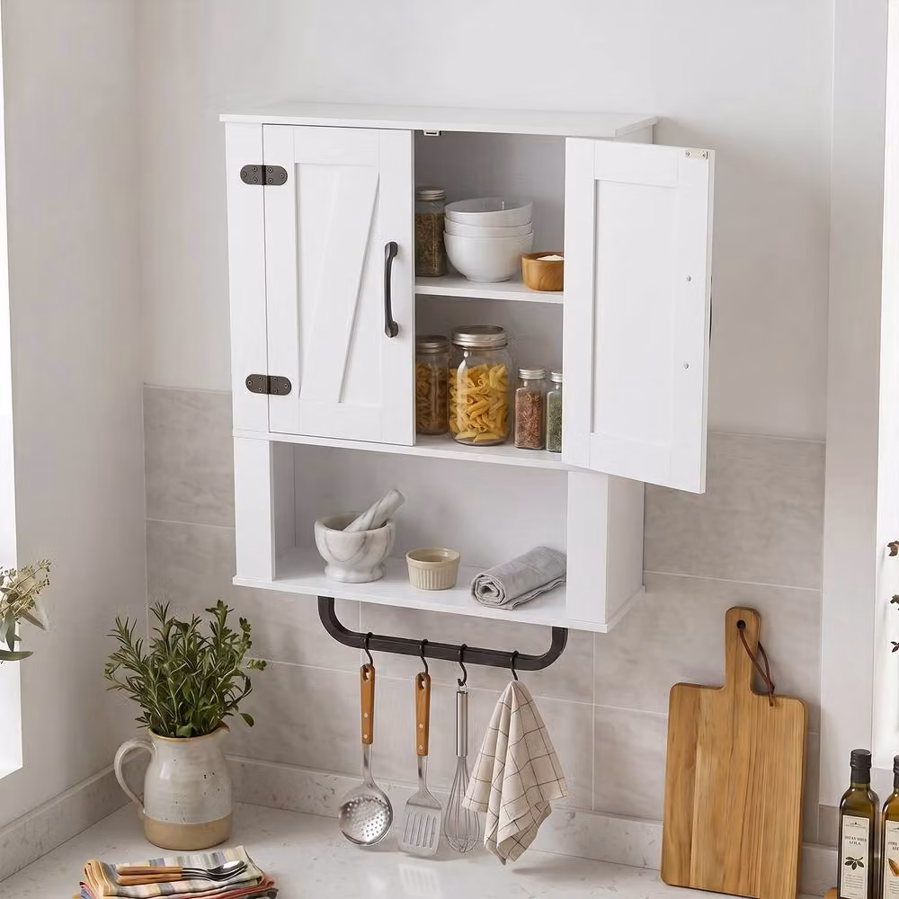 Costway White Wooden Wall Mounted Bathroom and Kitchen Storage Cabinet with Internal Shelves and Hinged Doors – 2