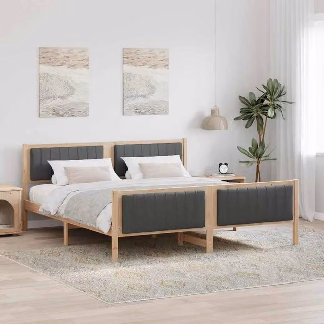 Berkfield Home Modern Upholstered Bed Frame in Brown and Dark Grey, Solid Pine Wood, W/D/H: 180 x 200 x 85.5 cm