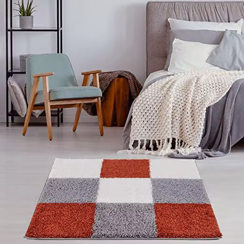 THE RUGS Modern Multicolour Checked Shaggy Area Rug, W/D/H: 120 x 120 x 1 cm – 2