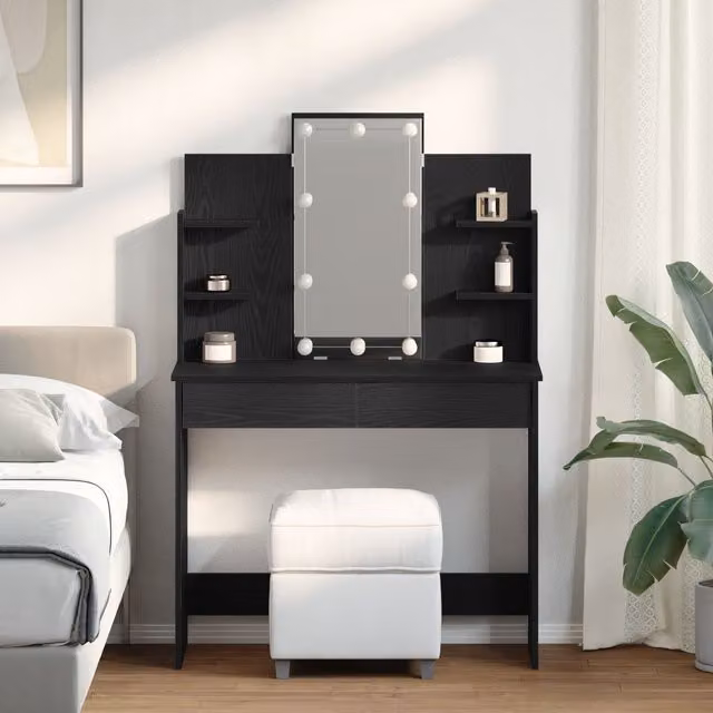 Berkfield Home Black Oak Dressing Table with Hollywood LED Lights W/D/H: 96 x 40 x 142 cm